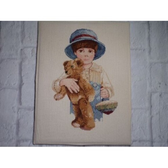 Jan Hagara "Jimmy" Little Boy Cross Stitch Completed Finished Teddy Bear Top - Picture 2 of 4